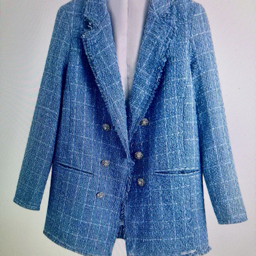 Women's Blue Tweed Double-Breasted Coat Blazer Boucle